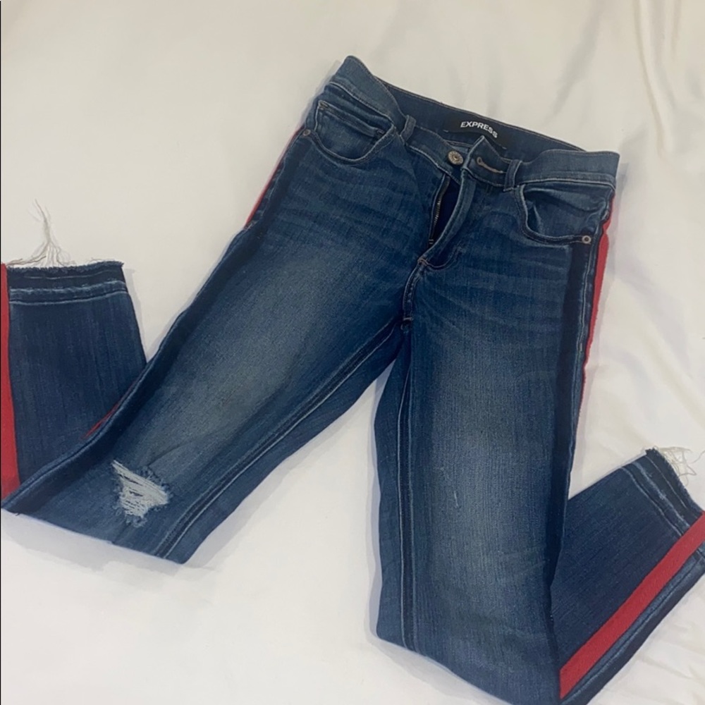Express High Rise Stretch Jeans, stripe detail